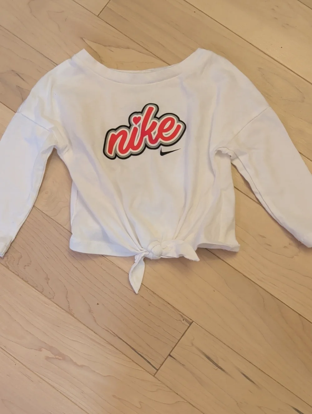 Nike White Long-Sleeve Tie-Front Kids Top with Pink Logo